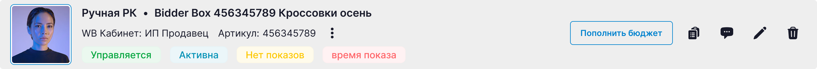 Карточка кампании в статусе «Управляется / Активна / Нет показов»