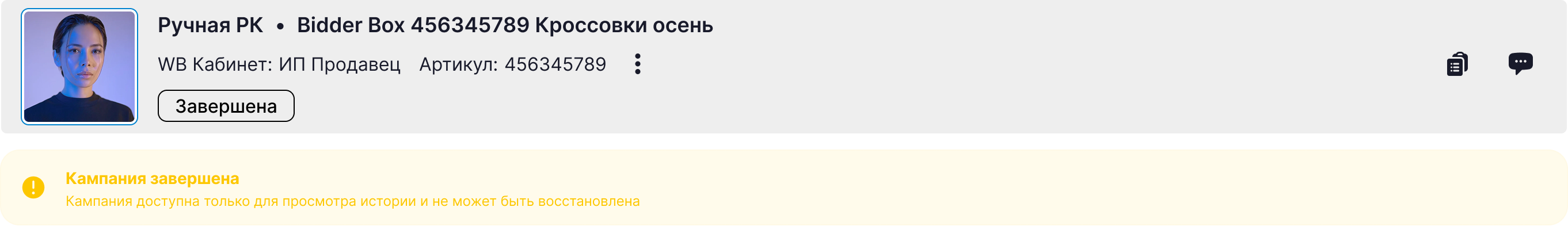 Карточка кампании в статусе «Завершена»