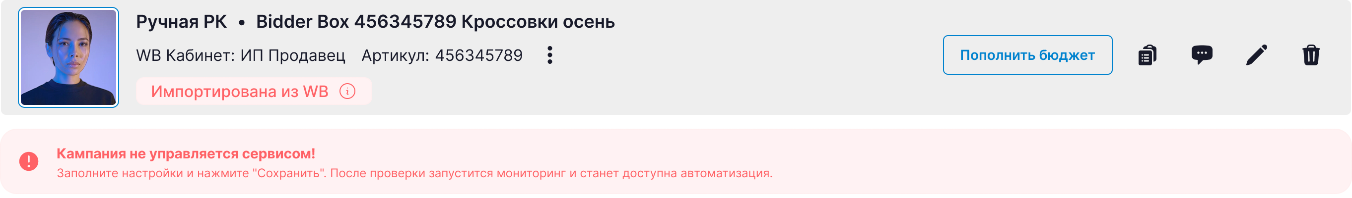 Карточка кампании в статусе «Импортирована из WB»