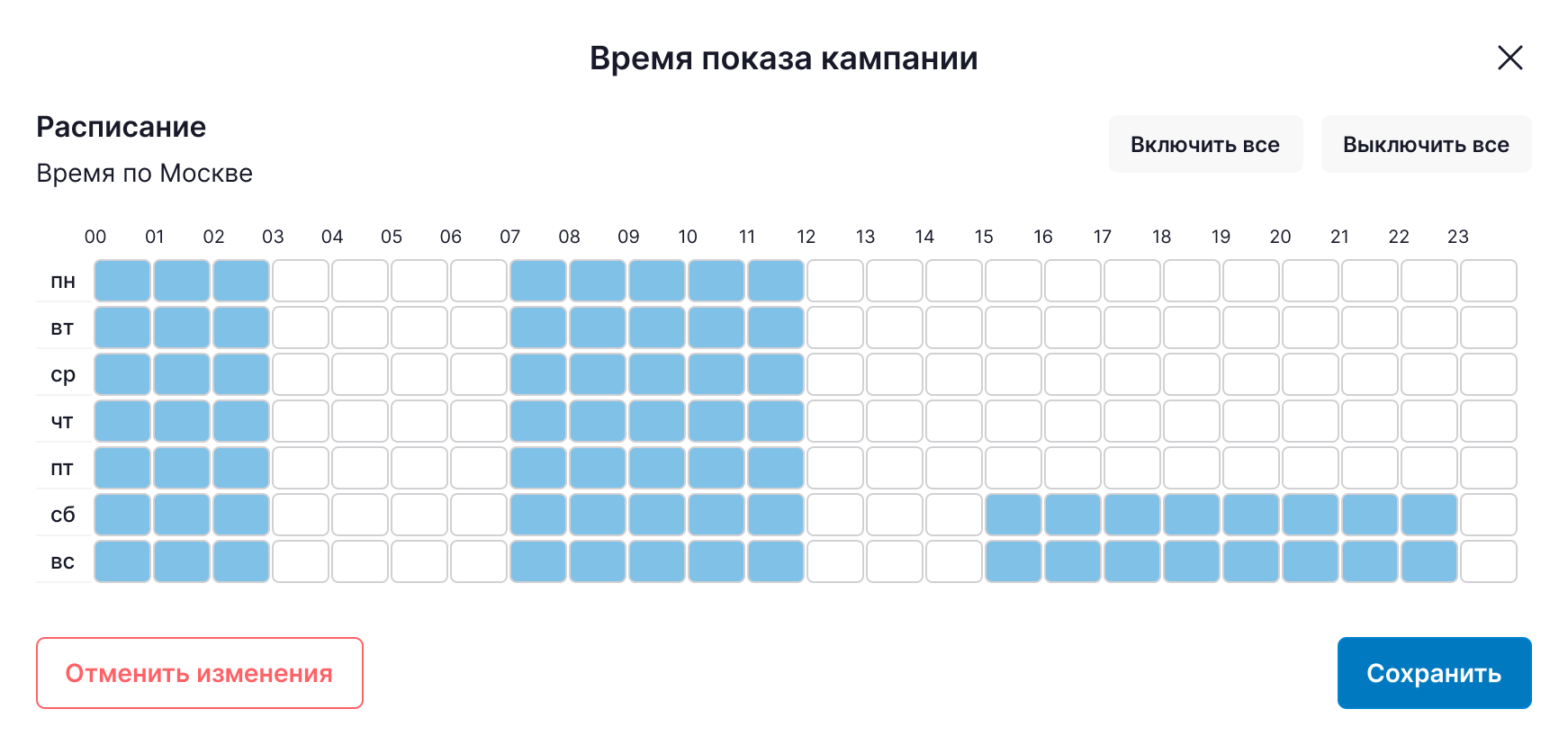 Сетка «Время показа» по дням и часам